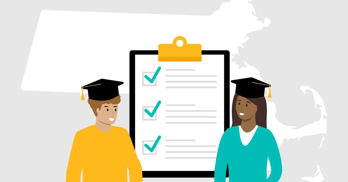 Cartoon human character wearing graduation caps with a check - Understanding Education Policy in Massachusettslist
